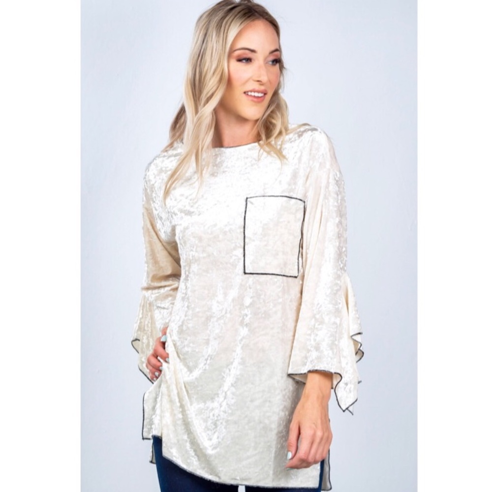 White Boho 3/4 Bell-Sleeve Velvet Tunic Top